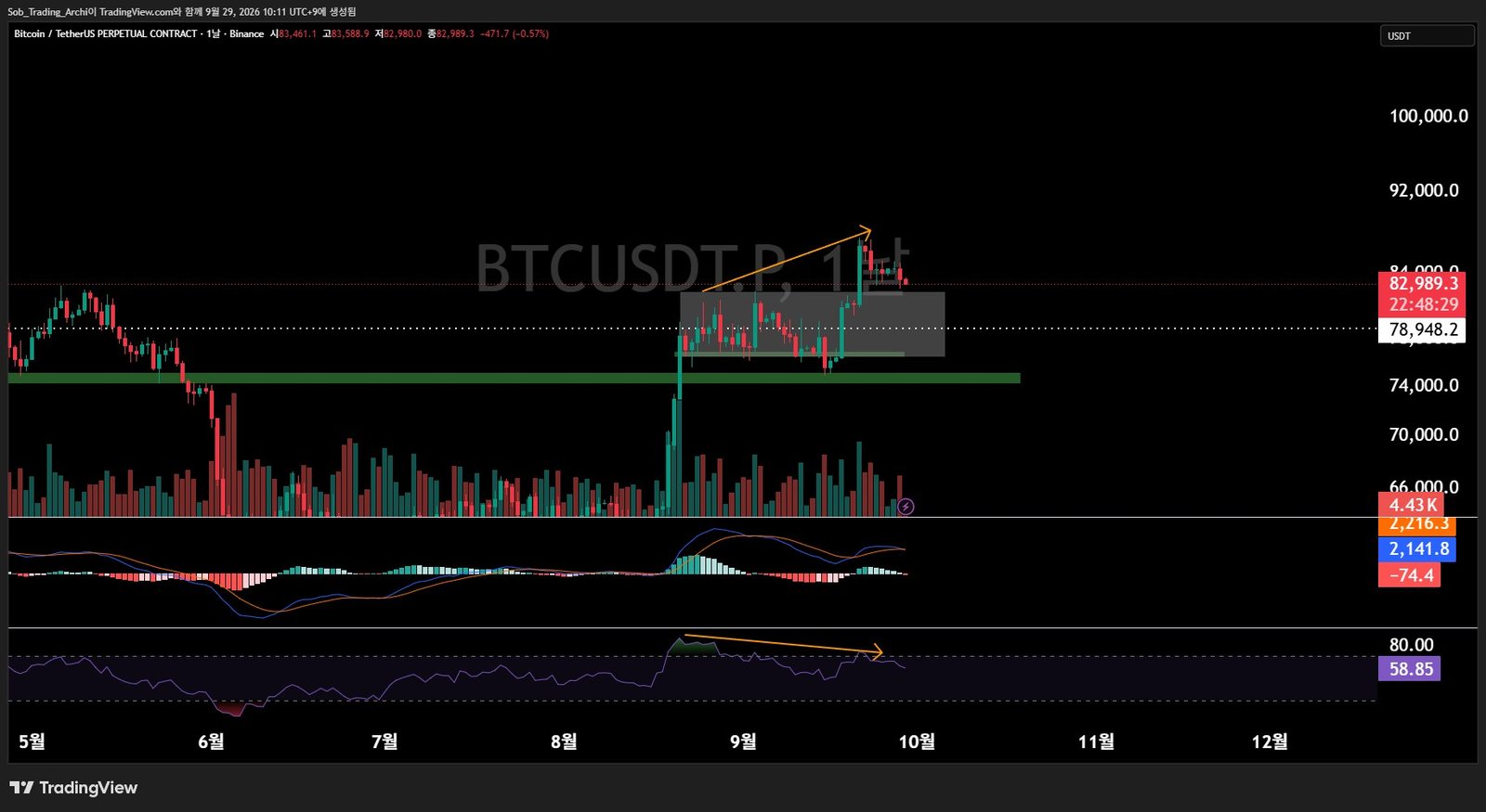 비트코인 일봉 차트와 MACD·RSI, 가격 고점 상승과 RSI 고점 하락의 하락다이버전스