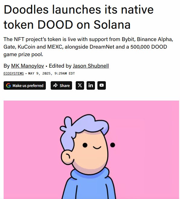2025년 5월 9일 두들즈가 솔라나에서 DOOD 토큰을 출시했다는 기사 화면