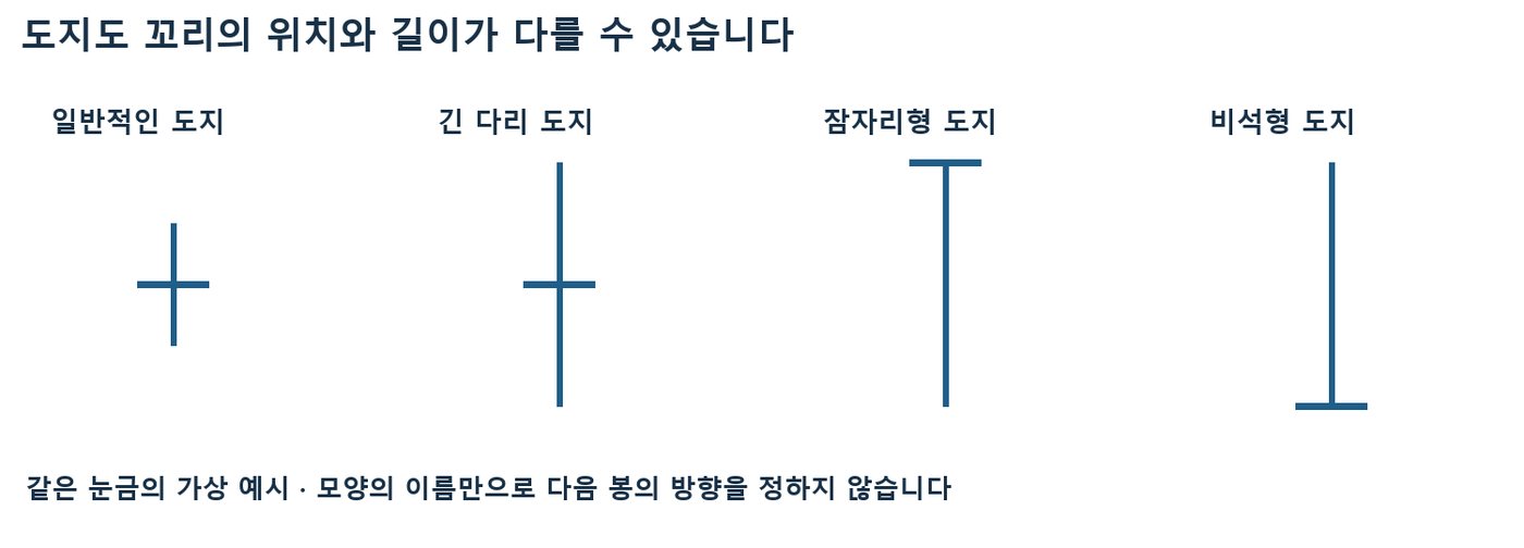 일반적인 도지, 긴 다리 도지, 잠자리형 도지, 비석형 도지의 꼬리 위치와 길이를 같은 눈금으로 비교한 그림