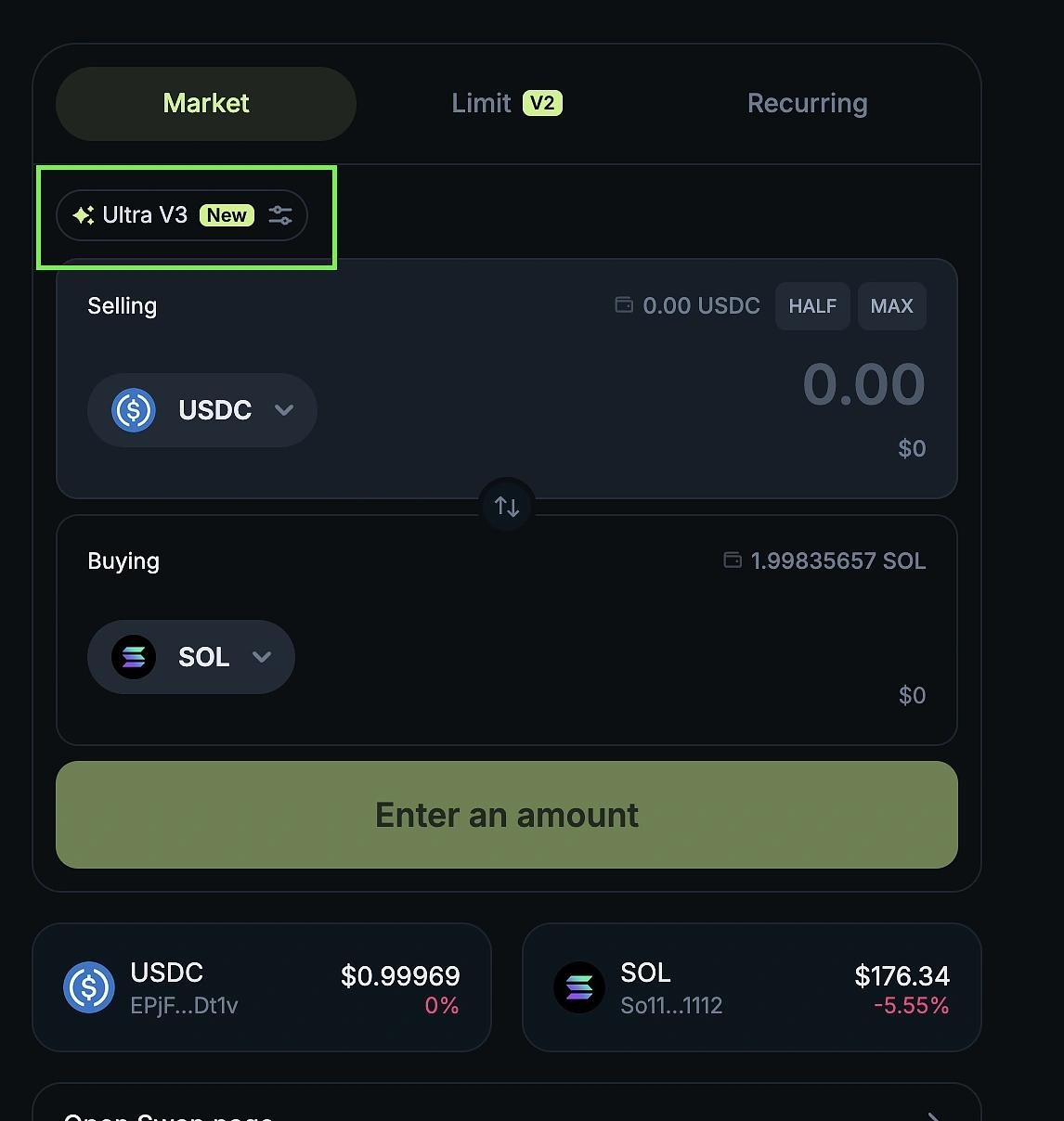 주피터 스왑 화면에서 USDC를 팔고 SOL을 사는 Market 탭과 Ultra V3 표시
