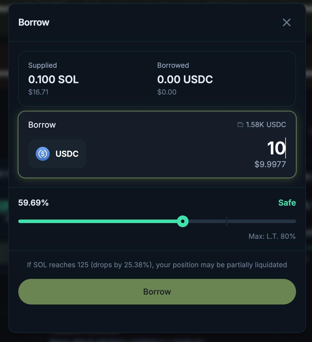 주피터 Lend 대출 화면에서 SOL 담보로 USDC 10개를 빌리는 예시와 청산 안내